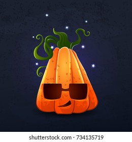 Vector color illustration of cartoon Halloween pumpkin with face on dark shabby background. Object image to create original web games, graphic design