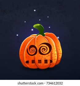 Vector color illustration of cartoon Halloween pumpkin with face on dark shabby background. Object image to create original web games, graphic design