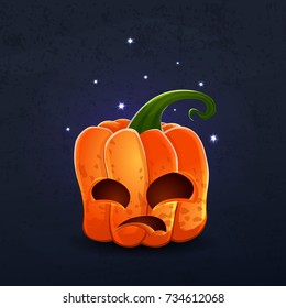 Vector color illustration of cartoon Halloween pumpkin with face on dark shabby background. Object image to create original web games, graphic design
