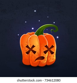 Vector color illustration of cartoon Halloween pumpkin with face on dark shabby background. Object image to create original web games, graphic design
