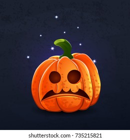 Vector color illustration of cartoon Halloween pumpkin with face on dark shabby background. Object image to create original web games, graphic design