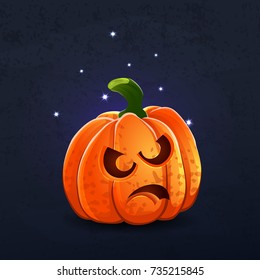 Vector color illustration of cartoon Halloween pumpkin with face on dark shabby background. Object image to create original web games, graphic design