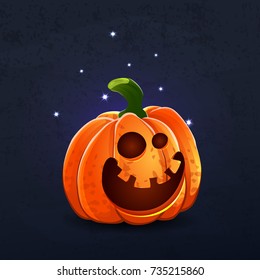 Vector color illustration of cartoon Halloween pumpkin with face on dark shabby background. Object image to create original web games, graphic design