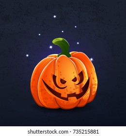 Vector color illustration of cartoon Halloween pumpkin with face on dark shabby background. Object image to create original web games, graphic design