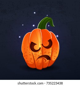Vector color illustration of cartoon Halloween pumpkin with face on dark shabby background. Object image to create original web games, graphic design