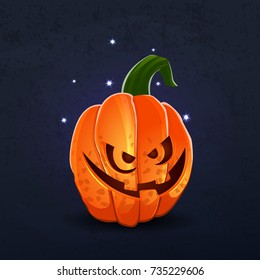 Vector color illustration of cartoon Halloween pumpkin with face on dark shabby background. Object image to create original web games, graphic design