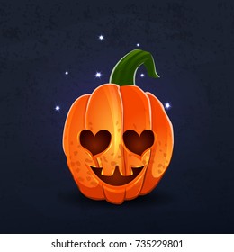 Vector color illustration of cartoon Halloween pumpkin with face on dark shabby background. Object image to create original web games, graphic design