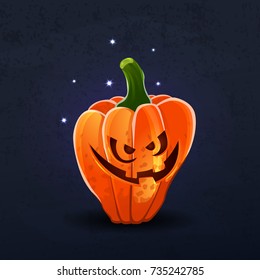 Vector color illustration of cartoon Halloween pumpkin with face on dark shabby background. Object image to create original web games, graphic design