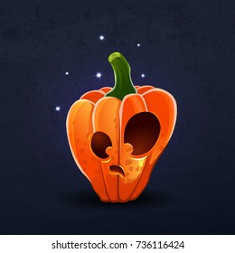 Vector color illustration of cartoon Halloween pumpkin with face on dark shabby background. Object image to create original web games, graphic design