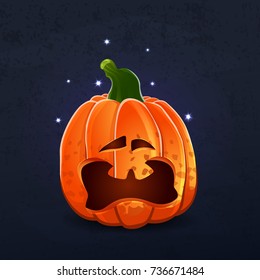 Vector color illustration of cartoon Halloween pumpkin with face on dark shabby background. Object image to create original web games, graphic design
