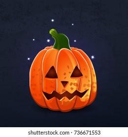 Vector color illustration of cartoon Halloween pumpkin with face on dark shabby background. Object image to create original web games, graphic design