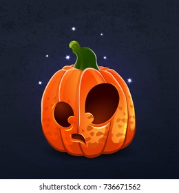 Vector color illustration of cartoon Halloween pumpkin with face on dark shabby background. Object image to create original web games, graphic design