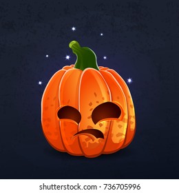 Vector color illustration of cartoon Halloween pumpkin with face on dark shabby background. Object image to create original web games, graphic design