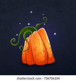 Vector color illustration of cartoon Halloween pumpkin with face on dark shabby background. Object image to create original web games, graphic design