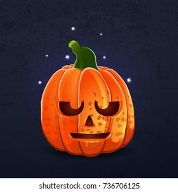 Vector color illustration of cartoon Halloween pumpkin with face on dark shabby background. Object image to create original web games, graphic design