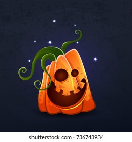 Vector color illustration of cartoon Halloween pumpkin with face on dark shabby background. Object image to create original web games, graphic design