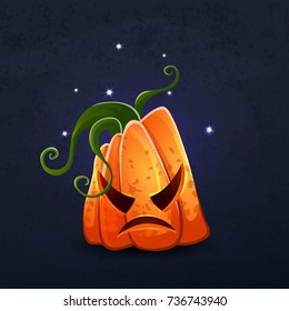 Vector color illustration of cartoon Halloween pumpkin with face on dark shabby background. Object image to create original web games, graphic design