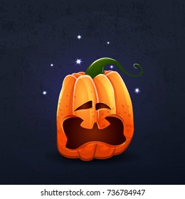 Vector color illustration of cartoon Halloween pumpkin with face on dark shabby background. Object image to create original web games, graphic design