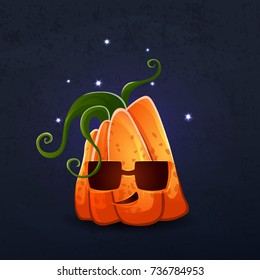 Vector color illustration of cartoon Halloween pumpkin with face on dark shabby background. Object image to create original web games, graphic design