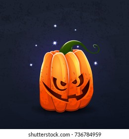 Vector color illustration of cartoon Halloween pumpkin with face on dark shabby background. Object image to create original web games, graphic design