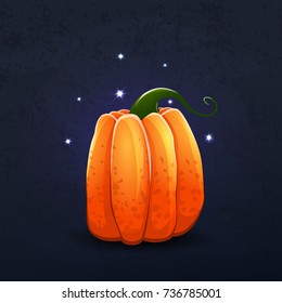 Vector color illustration of cartoon Halloween pumpkin with face on dark shabby background. Object image to create original web games, graphic design