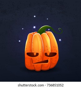 Vector color illustration of cartoon Halloween pumpkin with face on dark shabby background. Object image to create original web games, graphic design