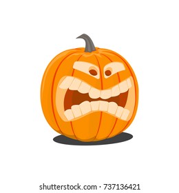 Vector color illustration of cartoon Halloween pumpkin with face on white background. Object image to create original web games, graphic design