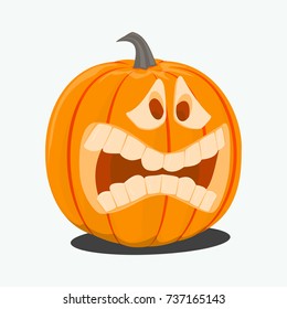 Vector color illustration of cartoon Halloween pumpkin with face on white background. Object image to create original graphic design