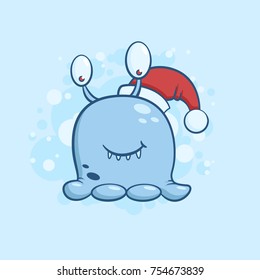 Vector color illustration of cartoon monster in santa claus hat on snowy background. Object image to create original web games, graphic design or Christmas card
