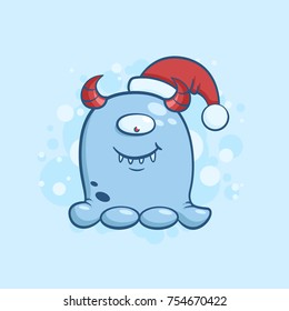 Vector color illustration of cartoon one eyed monster in santa claus hat on snowy background. Object image to create original web games or Christmas card