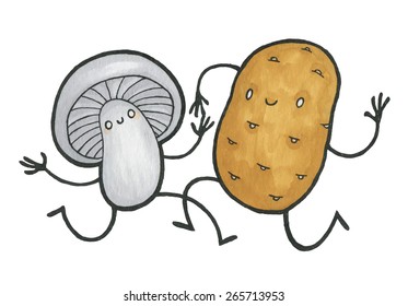 Vector color illustration of cartoon potato and mushroom - hand drawing vector illustration