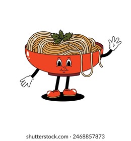 Vector color illustration of a cartoon retro mascot walking a plate with pasta. Vintage style 30s, 40s, 50s old animation. Sticker isolated on white background.