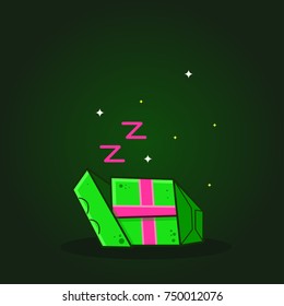 Vector color illustration of cartoon sleeping gift box on dark background. Object image to create original web games or graphic design