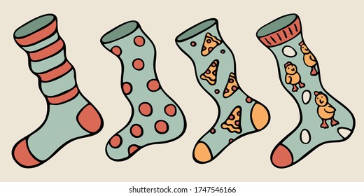 Vector color illustration in cartoon style: four different socks with a pattern