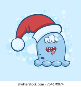 Vector color illustration of cartoon three eyed monster in a Santa Claus hat on snowy background. Object image to create original web games or Christmas card