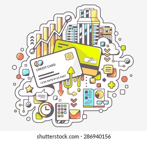 Vector color illustration of cashless payment via credit cards on light background. Hand draw line art design for web, site, advertising, banner, poster, board and print. 