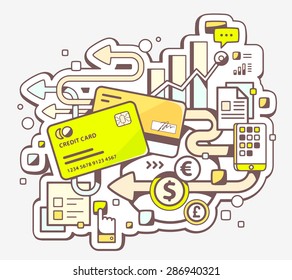 Vector color illustration of cashless payment via credit cards on light background. Hand draw line art design for web, site, advertising, banner, poster, board and print. 