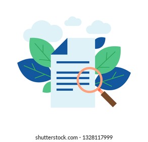 Vector color illustration of a checklist or document paper form  with leaves and clouds.