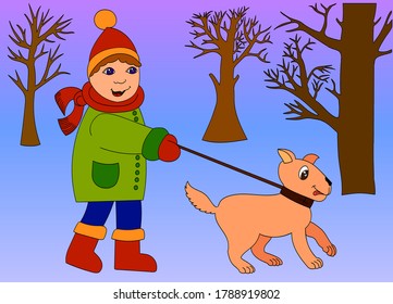 Vector color illustration for children, a boy walking in winter in a snow Park with a dog friend.