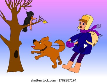 Vector color illustration for children, a boy holding a dog by the leash, a dog barking at a crow in a tree, a crow stole sausages.