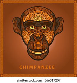 Vector color illustration of chimpanzee on a dark background with an inscription and ornament