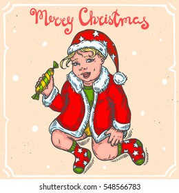 Vector color illustration of christmas child with candy, text Merry Christmas on background with abstract paper texture, retro frame. Christmas kid in Santa's hat sketch. Linear art in vintage style.