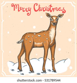 Vector color illustration of christmas deer,text Merry Christmas on the background with abstract paper texture,retro frame.Letters,Santa's reindeer sketch.Linear art in vintage style for your design.