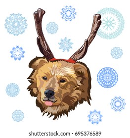 Vector color illustration of christmas dog with deer horns.Sketch art in vintage style for design.