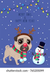 Vector color illustration of christmas dog and snowman. Christmas greeting card with pug. Symbol of new year 2018.