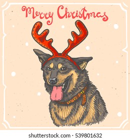 Vector color illustration of christmas dog,text Merry Christmas on background with abstract paper texture,retro frame.German shepherd with deer horns sketch.Linear art in vintage style for design.