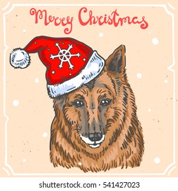 Vector color illustration of christmas dog,text Merry Christmas on background with abstract paper texture,retro frame.Letters,cute dog in Santa hat sketch.Linear art in vintage style for your design.