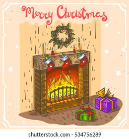 Vector color illustration of christmas fireplace,gift box,fire,text Merry Christmas on background with abstract paper texture,retro frame.Christmas room sketch.Linear art in vintage style for design.