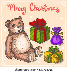 Vector color illustration of christmas gift box,toy,text Merry Christmas on background with abstract paper texture,retro frame.Bear toy,presents sketch.Linear art in vintage style for design.