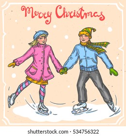 Vector color illustration of christmas girl,boy,text Merry Christmas on background with abstract paper texture,retro frame.Skating couple sketch.Linear art in vintage style for design.